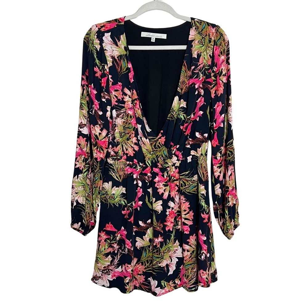 Lovers and Friends Black Floral Deep V-Neck Long Sleeve Mini Dress Size Medium - Picture 1 of 7